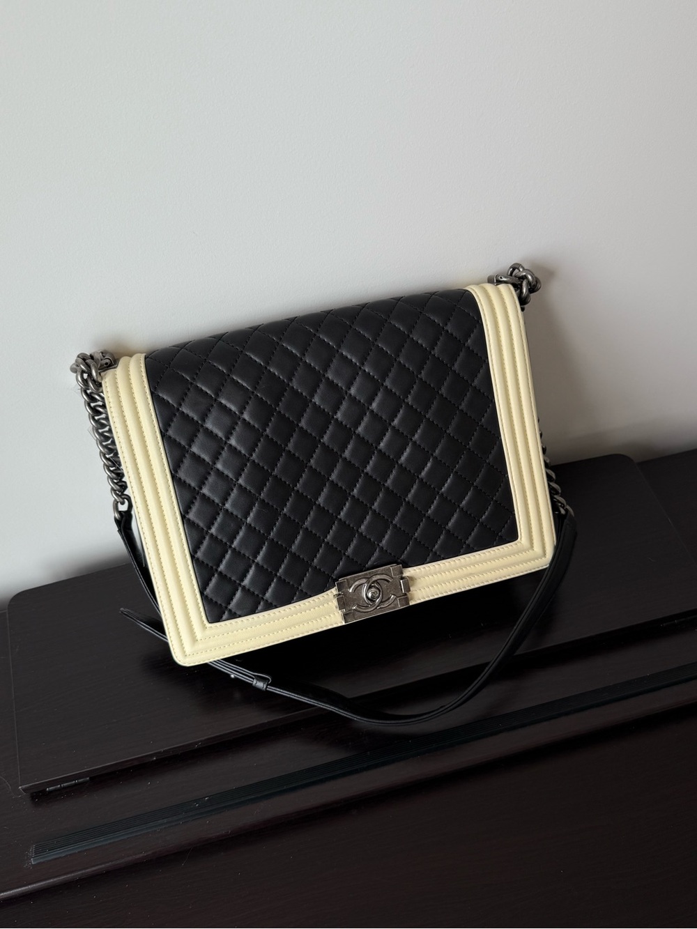 CHANEL Black/Cream Lambskin Boy Bag Large SHW